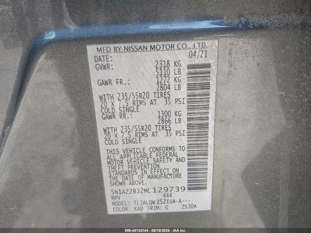 5N1AZ2BJ2MC129739 Nissan Murano Sv Fwd