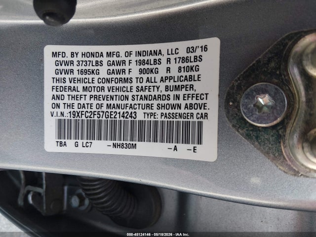 Aukcja sprzedaży 2016 Honda Civic Lx, vin: 19XFC2F57GE214243, numer aukcji: 45124146