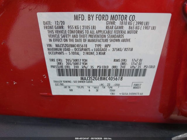 2021 Ford Ecosport Se მანქანა იყიდება აუქციონზე, vin: MAJ3S2GE8MC405618, აუქციონის ნომერი: 45124147