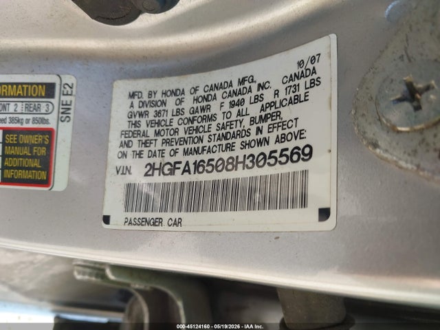 Продажа на аукционе авто 2008 Honda Civic Lx, vin: 2HGFA16508H305569, номер лота: 45124160