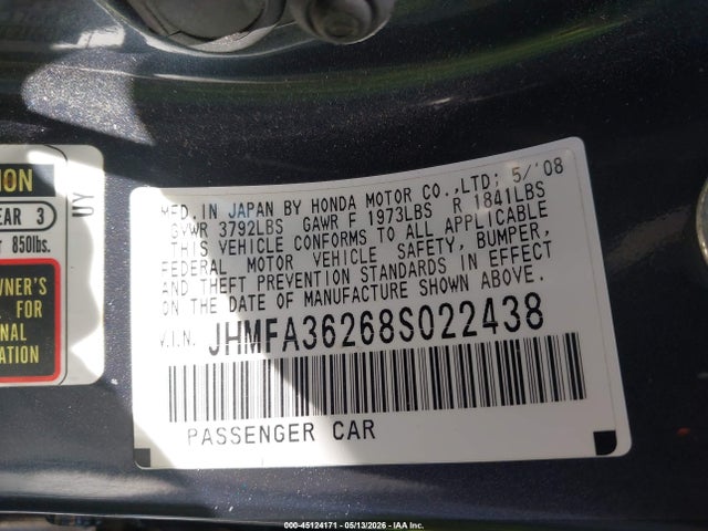 2008 Honda Civic Hybrid მანქანა იყიდება აუქციონზე, vin: JHMFA36268S022438, აუქციონის ნომერი: 45124171
