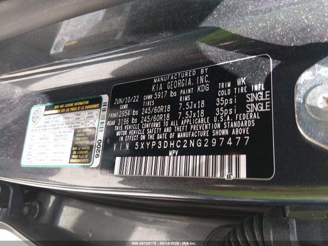 Aukcja sprzedaży 2022 Kia Telluride Ex, vin: 5XYP3DHC2NG297477, numer aukcji: 45124178