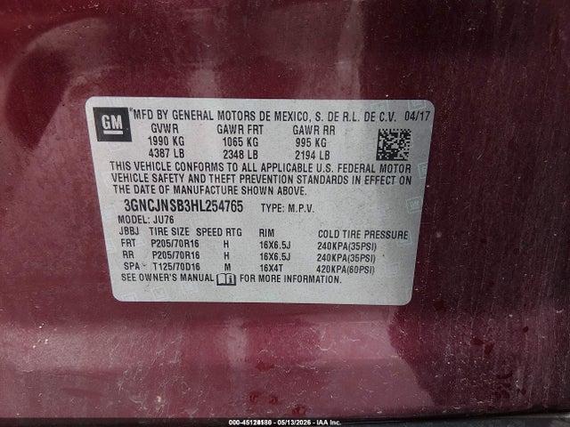 Продаж на аукціоні авто 2017 Chevrolet Trax Ls, vin: 3GNCJNSB3HL254765, номер лоту: 45124180