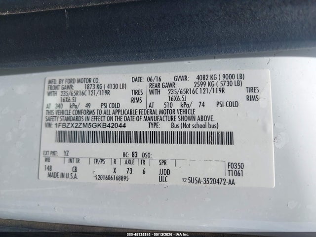 1FBZX2ZM5GKB42044 Ford Transit-350 Xl