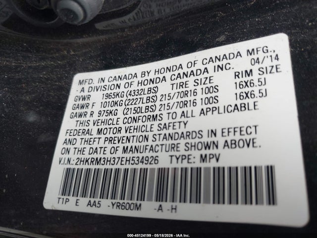 45124199 :رقم المزاد ، 2HKRM3H37EH534926 vin ، 2014 Honda Cr-v Lx مزاد بيع