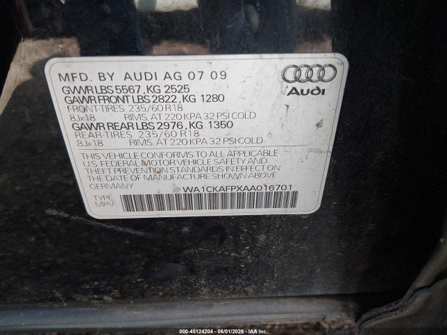 Aukcja sprzedaży 2010 Audi Q5 3.2 Premium, vin: WA1CKAFPXAA016701, numer aukcji: 45124204