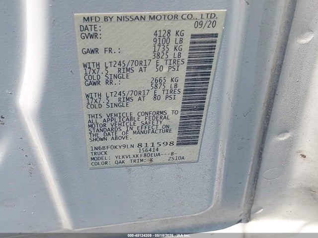 2020 Nissan Nv Cargo Nv2500 Hd Sv Standard Roof V6 მანქანა იყიდება აუქციონზე, vin: 1N6BF0KY9LN811598, აუქციონის ნომერი: 45124209