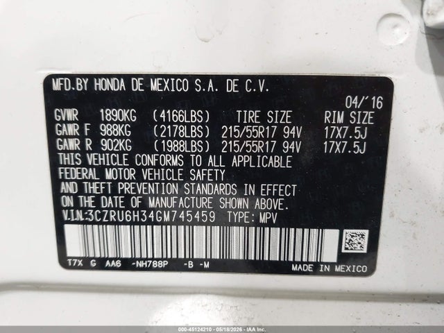 Продаж на аукціоні авто 2016 Honda Hr-v Lx, vin: 3CZRU6H34GM745459, номер лоту: 45124210