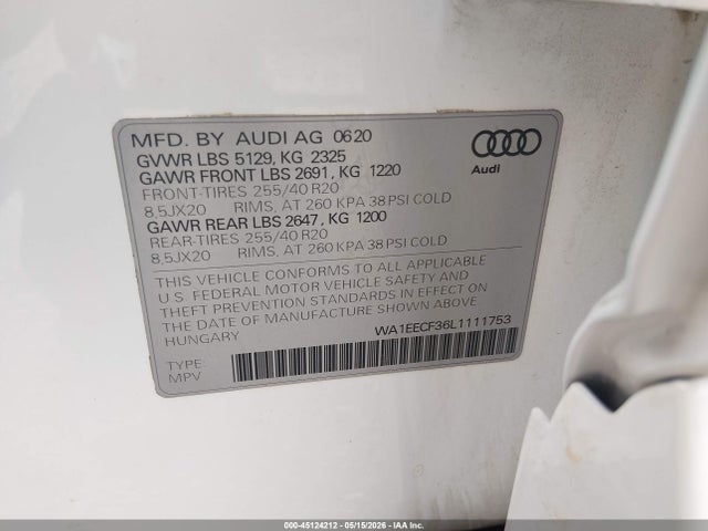 45124212 :رقم المزاد ، WA1EECF36L1111753 vin ، 2020 Audi Q3 Premium Plus 45 Tfsi S Line Quattro Tiptronic مزاد بيع