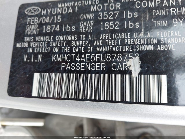 45124213 :رقم المزاد ، KMHCT4AE5FU878753 vin ، 2015 Hyundai Accent Gls مزاد بيع
