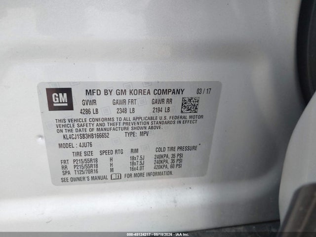 45124217 :رقم المزاد ، KL4CJ1SB3HB166652 vin ، 2017 Buick Encore Sport Touring مزاد بيع
