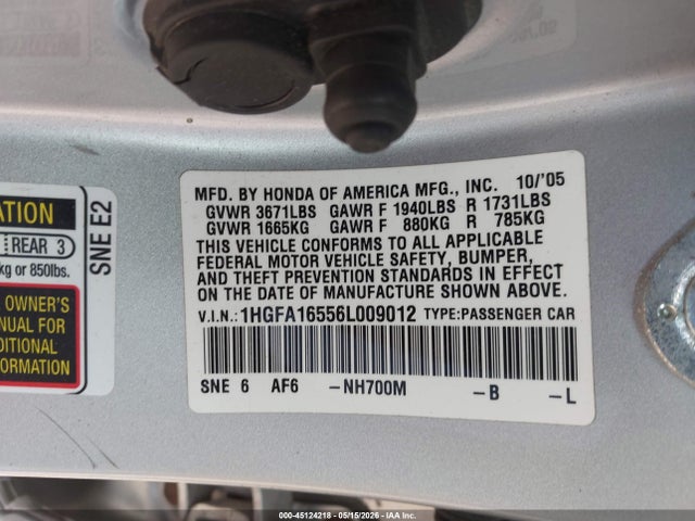 45124218 :رقم المزاد ، 1HGFA16556L009012 vin ، 2006 Honda Civic Lx مزاد بيع