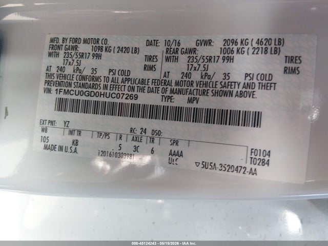 Aukcja sprzedaży 2017 Ford Escape Se, vin: 1FMCU0GD0HUC07269, numer aukcji: 45124243