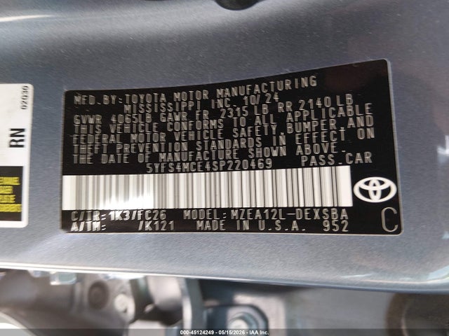 2025 Toyota Corolla Se მანქანა იყიდება აუქციონზე, vin: 5YFS4MCE4SP220469, აუქციონის ნომერი: 45124249