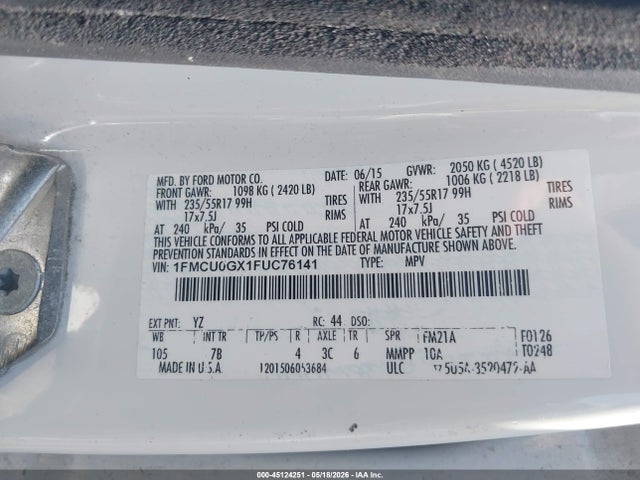 Продажа на аукционе авто 2015 Ford Escape Se, vin: 1FMCU0GX1FUC76141, номер лота: 45124251