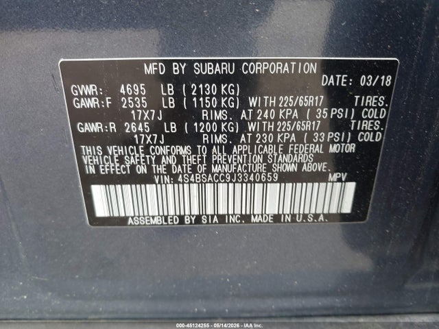 45124255 :رقم المزاد ، 4S4BSACC9J3340659 vin ، 2018 Subaru Outback 2.5i Premium مزاد بيع