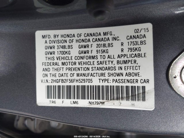Aukcja sprzedaży 2015 Honda Civic Lx, vin: 2HGFB2F56FH529705, numer aukcji: 45124266