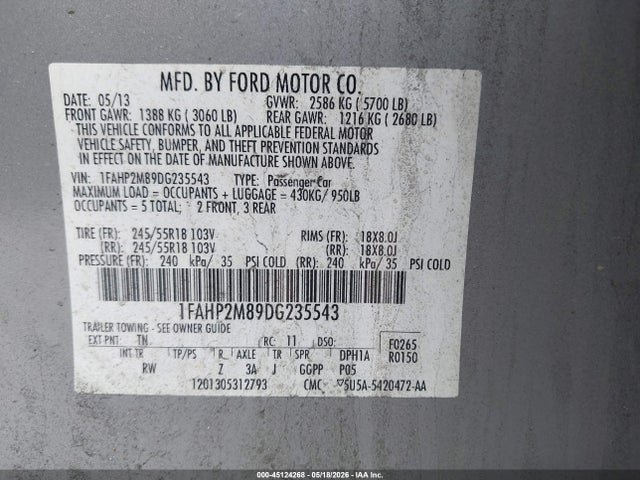 45124268 :رقم المزاد ، 1FAHP2M89DG235543 vin ، 2013 Ford Police Interceptor مزاد بيع