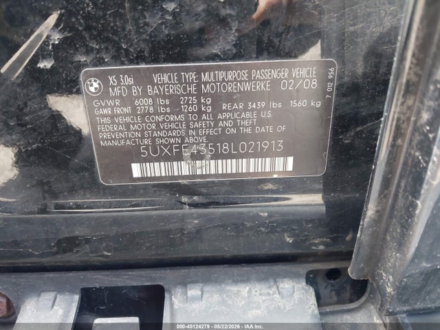 45124279 :رقم المزاد ، 5UXFE43518L021913 vin ، 2008 Bmw X5 3.0si مزاد بيع
