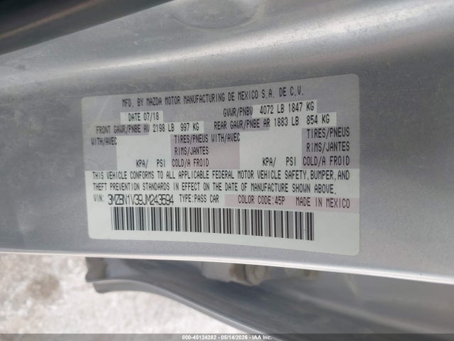 Продаж на аукціоні авто 2018 Mazda Mazda3 Touring, vin: 3MZBN1V39JM243594, номер лоту: 45124282
