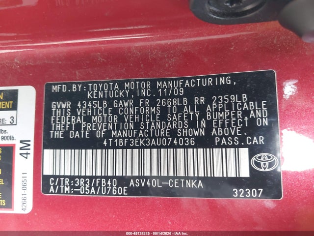 Aukcja sprzedaży 2010 Toyota Camry Se/le/xle, vin: 4T1BF3EK3AU074036, numer aukcji: 45124285