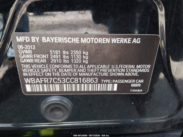 2012 Bmw 535i მანქანა იყიდება აუქციონზე, vin: WBAFR7C53CC816863, აუქციონის ნომერი: 45124304