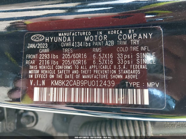 Aukcja sprzedaży 2023 Hyundai Kona Se, vin: KM8K2CAB9PU012439, numer aukcji: 45124312
