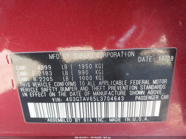 45124311 :رقم المزاد ، 4S3GTAV65L3704643 vin ، 2020 Subaru Impreza Premium 5-door مزاد بيع
