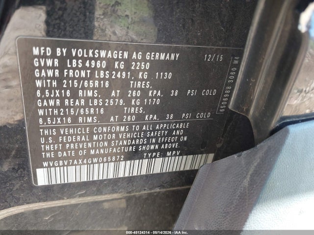 45124314 :رقم المزاد ، WVGBV7AX4GW065872 vin ، 2016 Volkswagen Tiguan S مزاد بيع