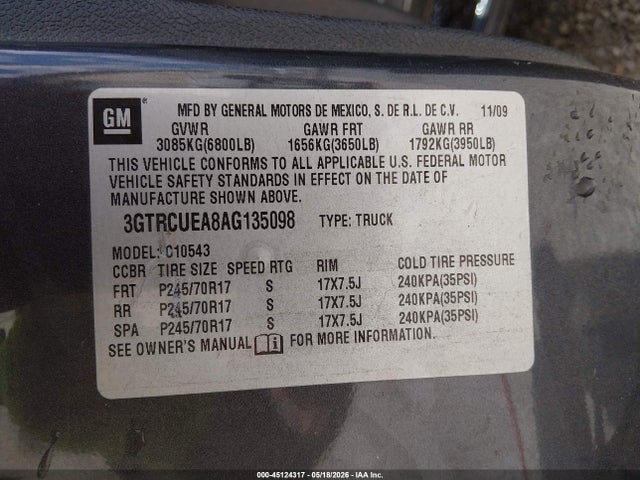 Продаж на аукціоні авто 2010 Gmc Sierra 1500 Sl, vin: 3GTRCUEA8AG135098, номер лоту: 45124317