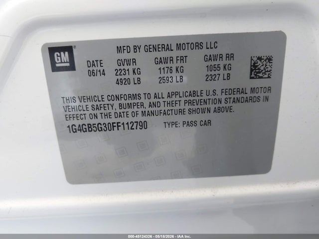45124326 :رقم المزاد ، 1G4GB5G30FF112790 vin ، 2015 Buick Lacrosse Leather مزاد بيع