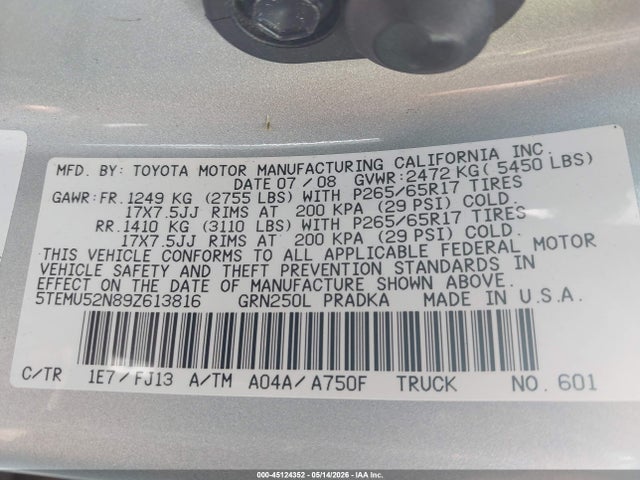 45124352 :رقم المزاد ، 5TEMU52N89Z613816 vin ، 2009 Toyota Tacoma Base V6 مزاد بيع
