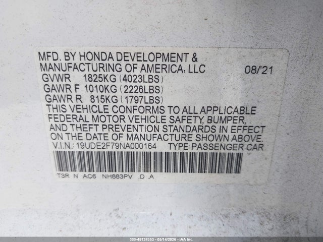 Продаж на аукціоні авто 2022 Acura Ilx Premium Package, vin: 19UDE2F79NA000164, номер лоту: 45124353
