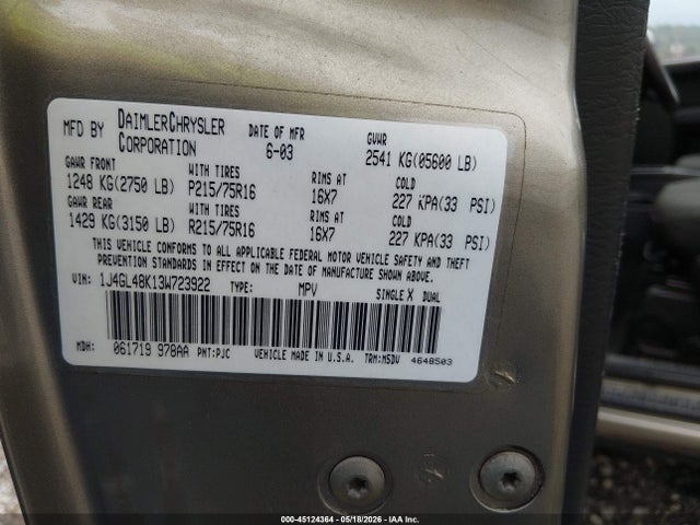 Aukcja sprzedaży 2003 Jeep Liberty Sport, vin: 1J4GL48K13W723922, numer aukcji: 45124364