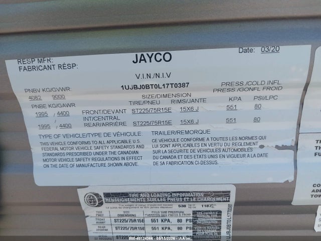 Jayco Other 2020 1UJBJ0BT0L17T0387 Image 9