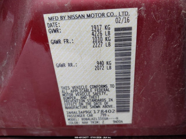 45124377 :رقم المزاد ، 1N4AL3AP9GC178402 vin ، 2016 Nissan Altima 2.5 Sr مزاد بيع