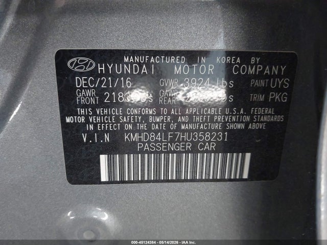Aukcja sprzedaży 2017 Hyundai Elantra Limited, vin: KMHD84LF7HU358231, numer aukcji: 45124384