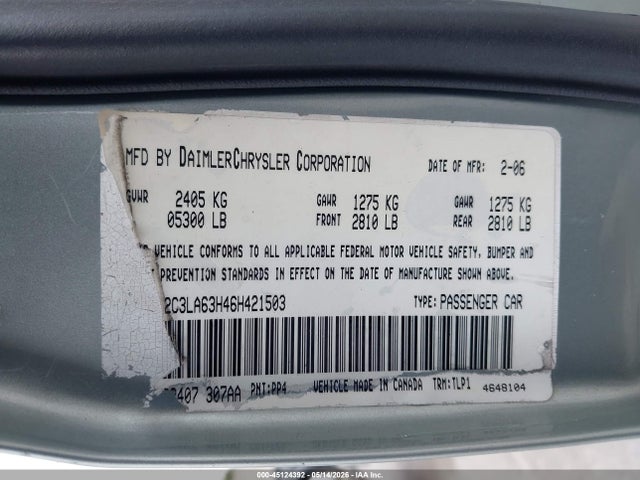 Aukcja sprzedaży 2006 Chrysler 300c, vin: 2C3LA63H46H421503, numer aukcji: 45124392