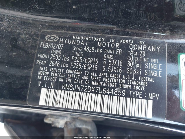 2007 Hyundai Tucson Limited/se მანქანა იყიდება აუქციონზე, vin: KM8JN72DX7U644859, აუქციონის ნომერი: 45124393