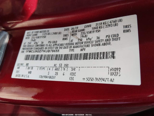 Продажа на аукционе авто 2019 Ford Escape Se, vin: 1FMCU9GD7KUB78655, номер лота: 45124395