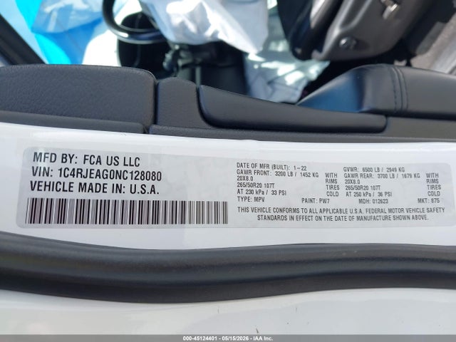Продаж на аукціоні авто 2022 Jeep Grand Cherokee Wk Laredo X 4x2, vin: 1C4RJEAG0NC128080, номер лоту: 45124401