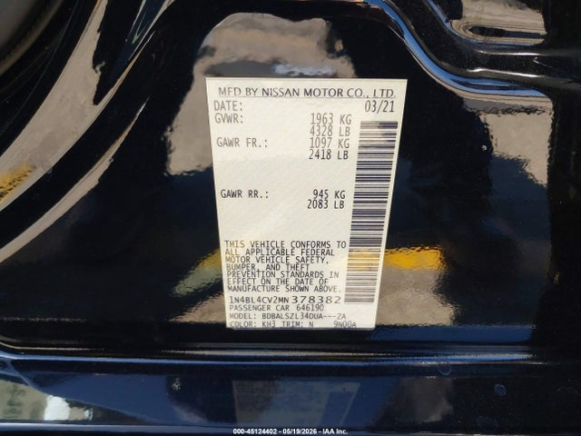 Продажа на аукционе авто 2021 Nissan Altima Sr Fwd, vin: 1N4BL4CV2MN378382, номер лота: 45124402