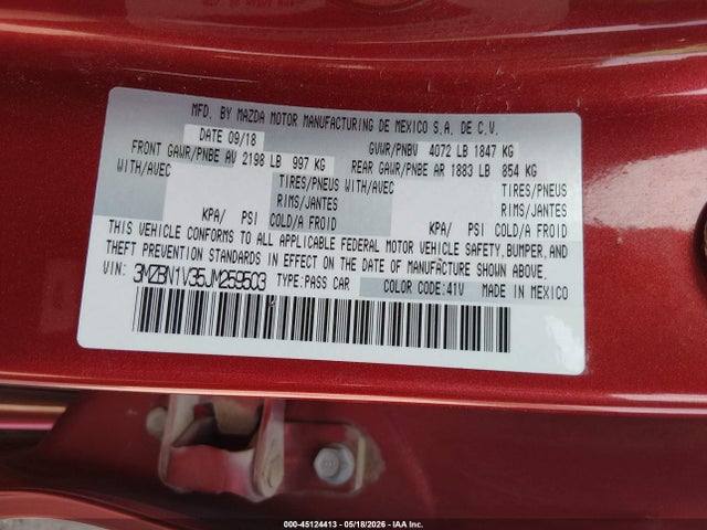 Aukcja sprzedaży 2018 Mazda Mazda3 Touring, vin: 3MZBN1V35JM259503, numer aukcji: 45124413