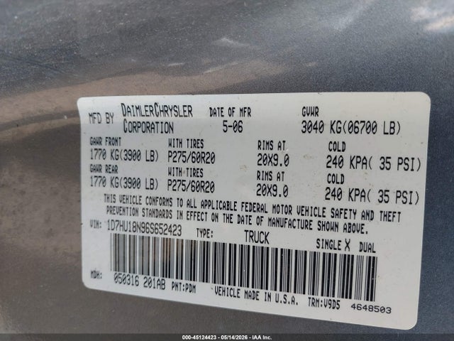 Продажа на аукционе авто 2006 Dodge Ram 1500 Slt/trx4 Off Road/sport, vin: 1D7HU18N96S652423, номер лота: 45124423