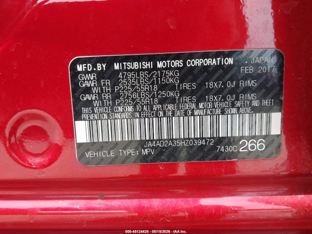 45124428 :رقم المزاد ، JA4AD2A35HZ039472 vin ، 2017 Mitsubishi Outlander Es مزاد بيع