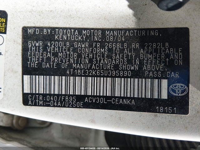 Продажа на аукционе авто 2005 Toyota Camry Le, vin: 4T1BE32K65U395890, номер лота: 45124435