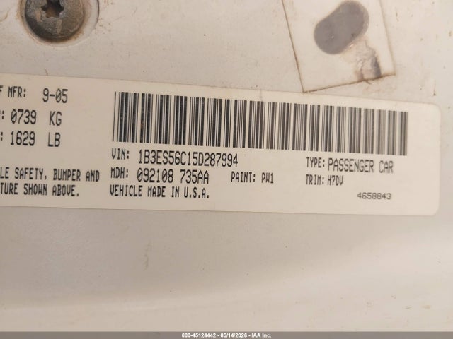 Aukcja sprzedaży 2005 Dodge Neon Sxt, vin: 1B3ES56C15D287994, numer aukcji: 45124442