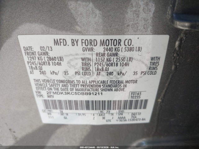 45124446 :رقم المزاد ، 2FMDK3KC5DBB91211 vin ، 2013 Ford Edge Limited مزاد بيع