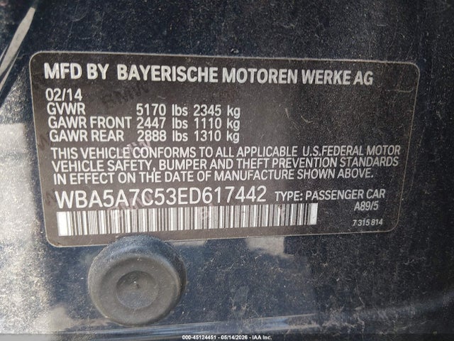2014 Bmw 528i Xdrive მანქანა იყიდება აუქციონზე, vin: WBA5A7C53ED617442, აუქციონის ნომერი: 45124451