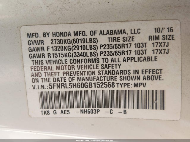 45124467 :رقم المزاد ، 5FNRL5H60GB152568 vin ، 2016 Honda Odyssey Ex-l مزاد بيع